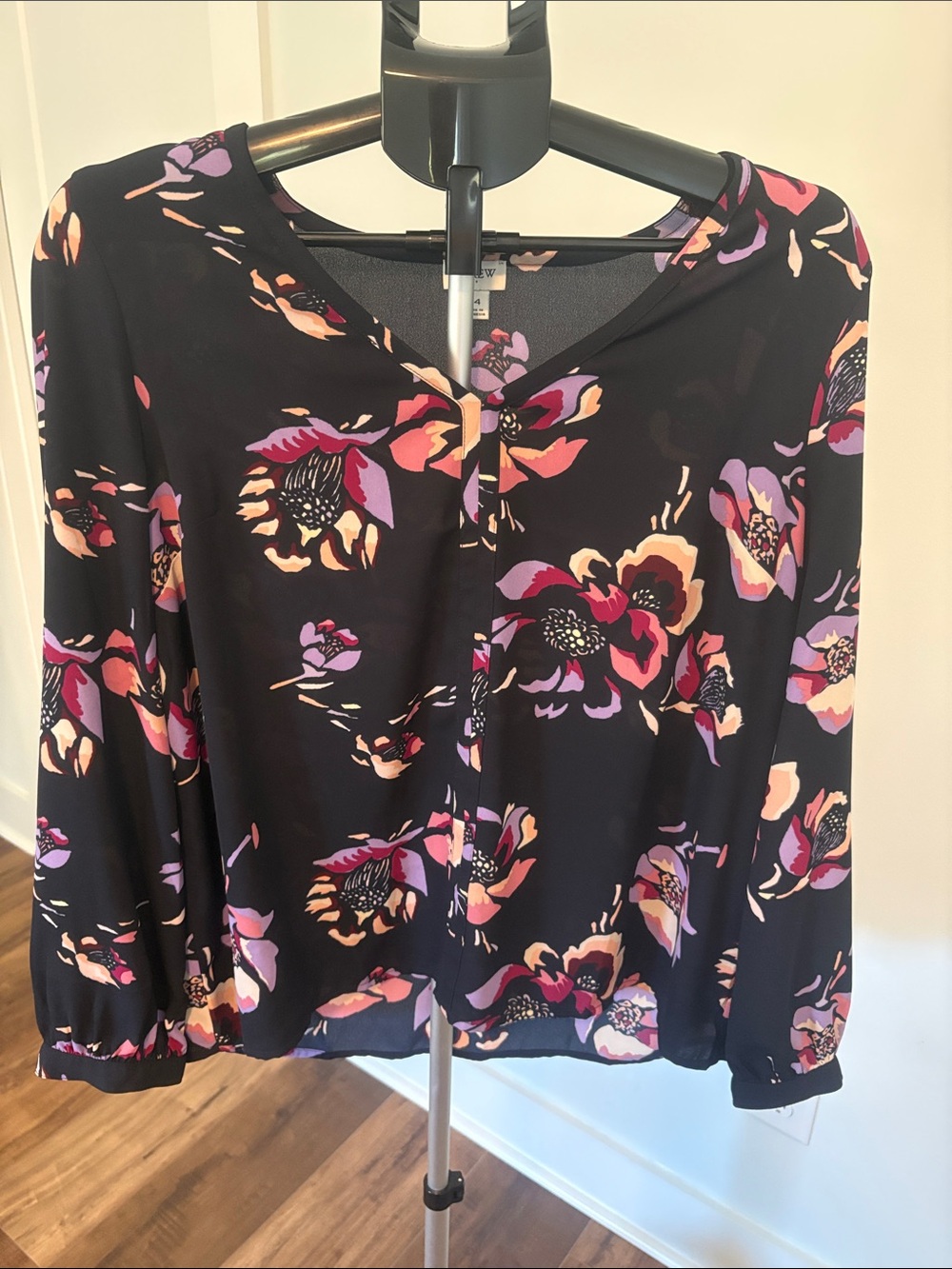 J. Crew Black Blouse with Pink and Purple Floral Print